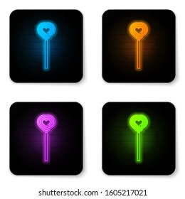 Glowing neon Lollipop icon isolated on white background. Candy sign. Food, delicious symbol. Valentines day. Love symbol. Black square button. Vector Illustration