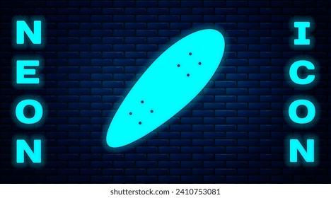 Glowing neon Longboard or skateboard cruiser icon isolated on brick wall background. Extreme sport. Sport equipment.  Vector