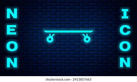 Glowing neon Longboard or skateboard cruiser icon isolated on brick wall background. Extreme sport. Sport equipment.  Vector Illustration