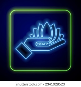 Glowing neon Lotus flower icon isolated on blue background.  Vector