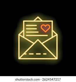 Glowing neon love letter with a red heart is shown on a black background