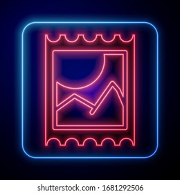 Glowing neon LSD acid mark icon isolated on blue background. Acid narcotic. Postmark. Postage stamp. Health danger.  Vector Illustration