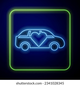 Glowing neon Luxury limousine car icon isolated on blue background. For world premiere celebrities and guests poster.  Vector