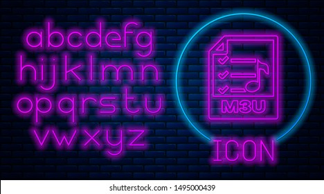 Glowing neon M3U file document. Download m3u button icon isolated on brick wall background. M3U file symbol. Neon light alphabet. Vector Illustration