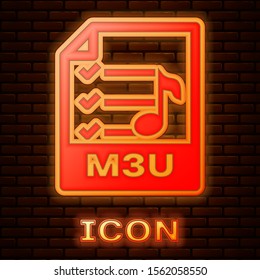 Glowing neon M3U file document. Download m3u button icon isolated on brick wall background. M3U file symbol.  Vector Illustration