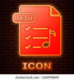 Glowing neon M3U file document. Download m3u button icon isolated on brick wall background. M3U file symbol.  Vector Illustration