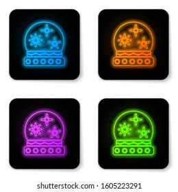 Glowing neon Magic ball icon isolated on white background. Crystal ball. Black square button. Vector Illustration