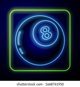 Glowing neon Magic ball of predictions for decision-making icon isolated on blue background. Crystal ball.  Vector Illustration