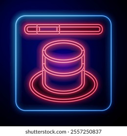 Glowing neon Magic hat and wand icon isolated on black background. Magic trick. Mystery entertainment concept.  Vector