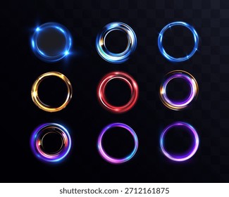 Anillos mágicos de neón brillantes con efectos de luz, círculos de energía, marcos redondos brillantes futuristas sobre fondo transparente oscuro, formato EPS.