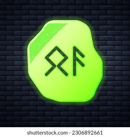 Glowing neon Magic runes icon isolated on brick wall background.  Vector
