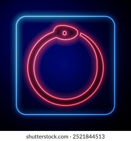 Símbolo mágico neon brilhante do ícone de Ouroboros isolado no fundo preto. Serpente mordendo a própria cauda. Animal e infinito, mitologia e serpente.  Vetor