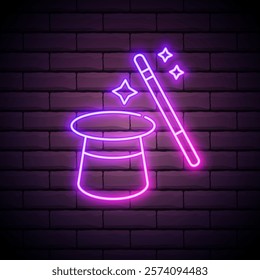 Glowing neon Magic wand and Hat icon isolated on brick background. Star shape magic accessory. Magical power. Vector Illustration