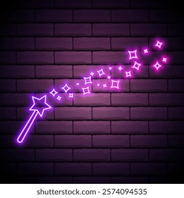 Glowing neon Magic wand icon isolated on brick background. Star shape magic accessory. Magical power. Vector Illustration