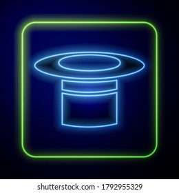 Glowing neon Magician hat icon isolated on blue background. Magic trick. Mystery entertainment concept.  Vector Illustration