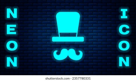 Glowing neon Magician icon isolated on brick wall background.  Vector