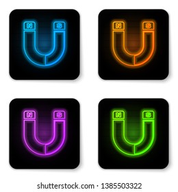 Glowing neon Magnet icon isolated on white background. Horseshoe magnet, magnetism, magnetize, attraction sign. Black square button. Vector Illustration