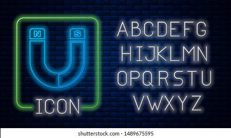 Glowing neon Magnet icon isolated on brick wall background. Horseshoe magnet, magnetism, magnetize, attraction sign. Neon light alphabet. Vector Illustration