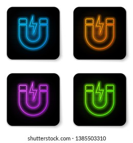 Glowing neon Magnet with lightning icon isolated on white background. Horseshoe magnet, magnetism, magnetize, attraction sign. Black square button. Vector Illustration