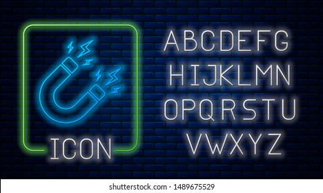 Glowing neon Magnet with lightning icon isolated on brick wall background. Horseshoe magnet, magnetism, magnetize, attraction sign. Neon light alphabet. Vector Illustration