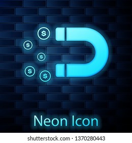 Glowing neon Magnet with money icon isolated on brick wall background. Concept of attracting investments, money. Big business profit attraction and success. Vector Illustration