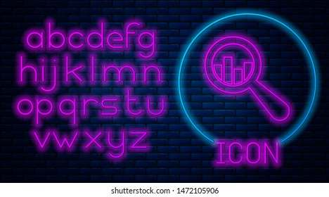 Glowing neon Magnifying glass and data analysis icon isolated on brick wall background. Neon light alphabet. Vector Illustration