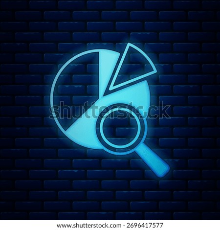 Glowing neon Magnifying glass and data analysis icon isolated on brick wall background. Search sign.  Vector