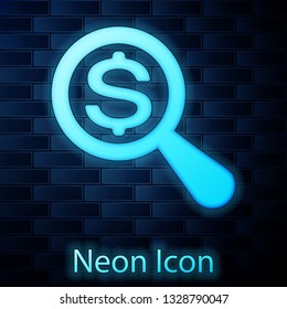 Glowing neon Magnifying glass and dollar icon isolated on brick wall background. Find money. Looking for money. Vector Illustration