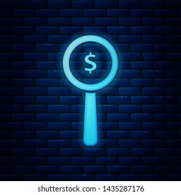 Glowing neon Magnifying glass and dollar symbol icon isolated on brick wall background. Find money. Looking for money.  Vector Illustration