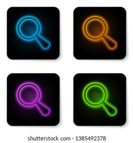 Glowing neon Magnifying glass icon isolated on white background. Search, focus, zoom, business symbol. Black square button. Vector Illustration