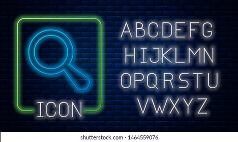 Glowing neon Magnifying glass icon isolated on brick wall background. Search, focus, zoom, business symbol. Neon light alphabet. Vector Illustration