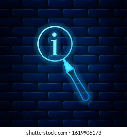 Glowing neon Magnifying glass and information icon isolated on brick wall background. Search with information sign.  Vector Illustration