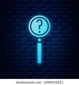 Glowing neon Magnifying glass with search icon isolated on brick wall background. Detective is investigating.  Vector Illustration