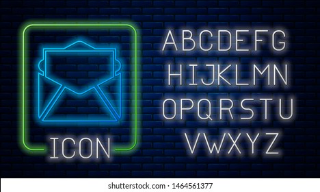 Glowing neon Mail and e-mail icon isolated on brick wall background. Envelope symbol e-mail. Email message sign. Neon light alphabet. Vector Illustration