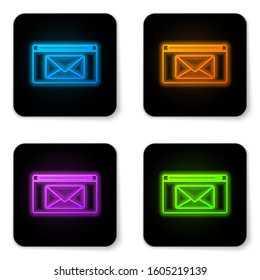 Glowing neon Mail and e-mail icon isolated on white background. Envelope symbol e-mail. Email message sign. Black square button. Vector Illustration