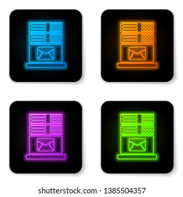 Glowing neon Mail server icon isolated on white background. Black square button. Vector Illustration