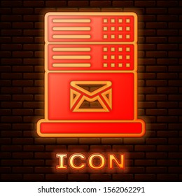 Glowing neon Mail server icon isolated on brick wall background.  Vector Illustration - Powered by Shutterstock - Get 15% off with code: PIKWIZARD15