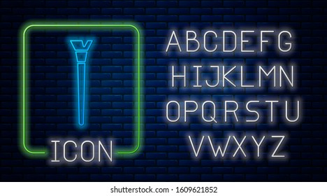Glowing neon Makeup brush icon isolated on brick wall background. Neon light alphabet. Vector Illustration