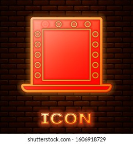 Glowing neon Makeup mirror with lights icon isolated on brick wall background.  Vector Illustration
