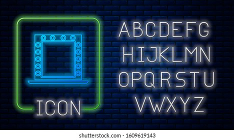 Glowing neon Makeup mirror with lights icon isolated on brick wall background. Neon light alphabet. Vector Illustration