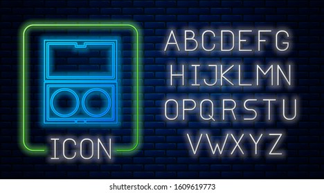Glowing neon Makeup powder with mirror icon isolated on brick wall background. Neon light alphabet. Vector Illustration
