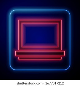 Glowing neon Makeup powder with mirror icon isolated on blue background.  Vector Illustration