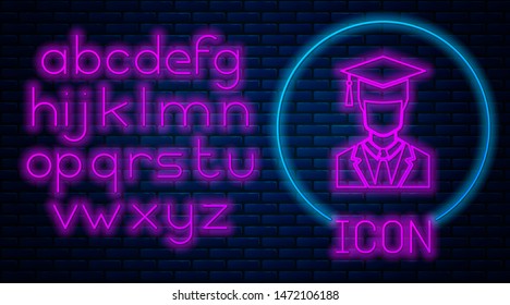 Glowing neon Male graduate student profile with gown and graduation cap icon isolated on brick wall background. Neon light alphabet. Vector Illustration