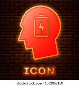 Glowing neon Male head with low battery icon isolated on brick wall background. Tired man.  Vector Illustration