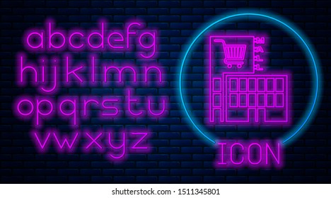 Glowing neon Mall or supermarket building with shopping cart icon isolated on brick wall background. Shop or store. Neon light alphabet. Vector Illustration