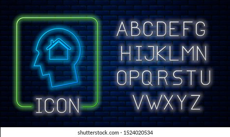 Glowing neon Man dreaming about buying a new house icon isolated on brick wall background. Neon light alphabet. Vector Illustration