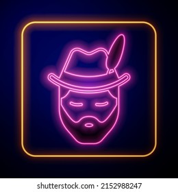 Glowing Neon Man Dressed For German Oktoberfest Icon Isolated On Black Background.  Vector