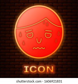Glowing neon Man with excessive sweating icon isolated on brick wall background.  Vector Illustration