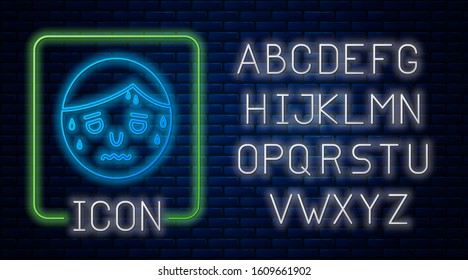 Glowing neon Man with excessive sweating icon isolated on brick wall background. Neon light alphabet. Vector Illustration