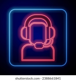 Glowing neon Man with a headset icon isolated on black background. Support operator in touch. Concept for call center, client support service.  Vector